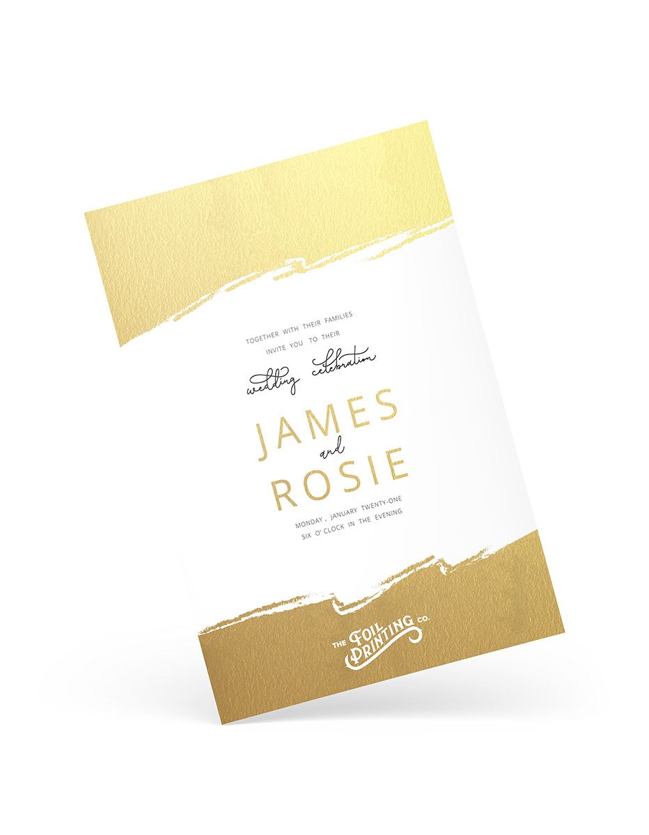 Elegant invitation with metallic gold foil accents and textured gold borders, displaying wedding details in a clean, minimal layout