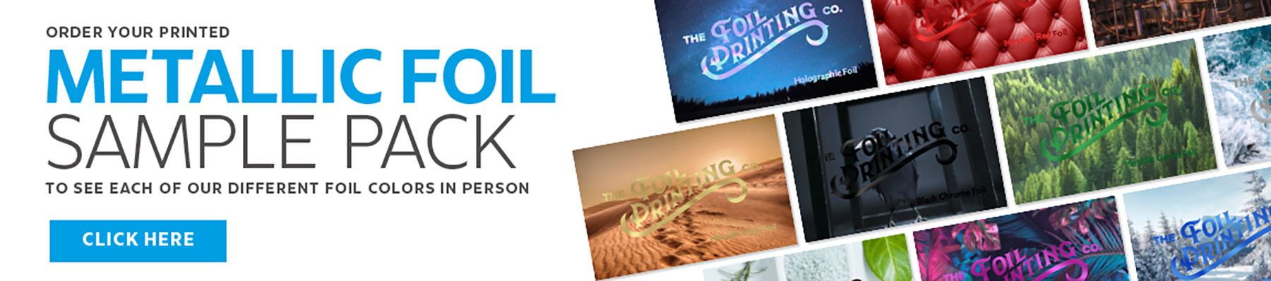 Metallic foil sample pack promotional banner featuring a collage of colored foil print finishes including holographic, black chrome, green, blue, and rose gold foil examples with bold sample pack typography and call-to-action button