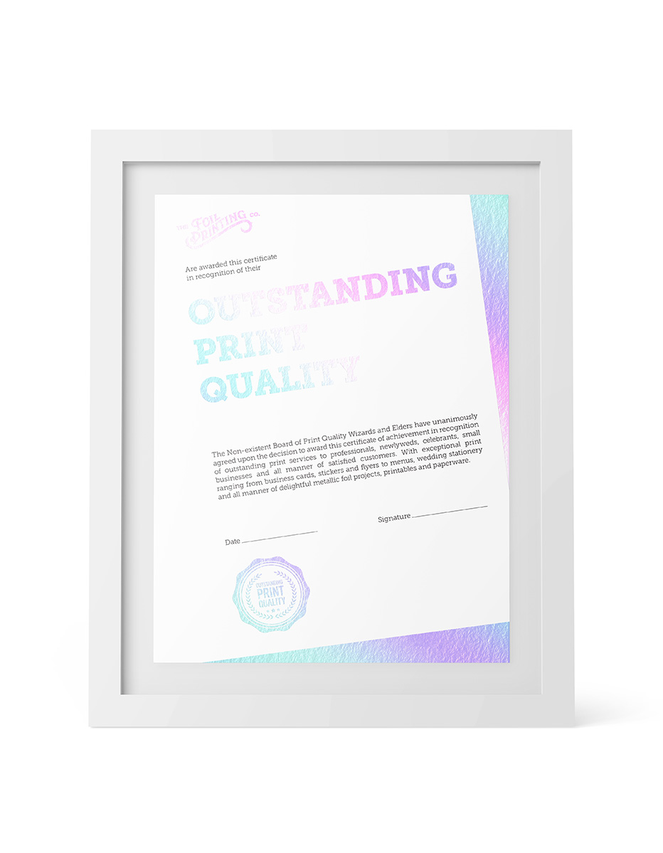 Metallic Holographic Foil Certificate Printing Framed
