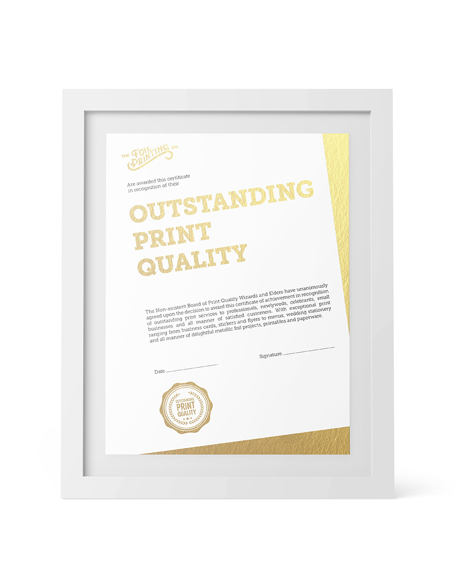 Metallic Gold Foil Certificate Printing Framed