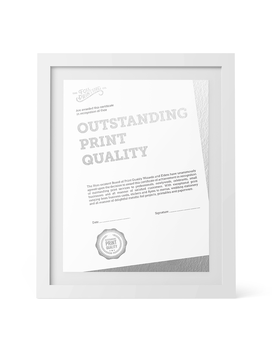 Metallic Silver Foil Certificate Printing Framed
