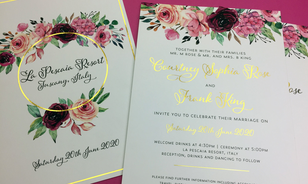 Foiled Formal Wedding Invitation with gold foil image with roses