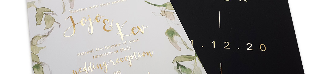 black and white examples of gold foil invites