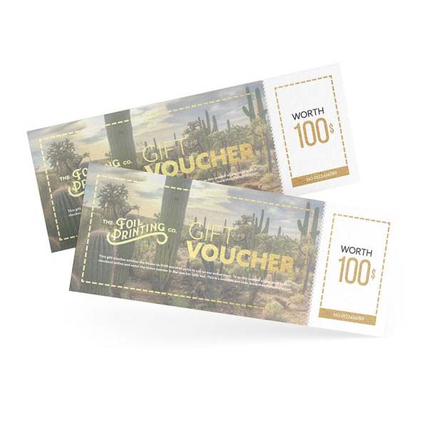 Desert print gift voucher with metallic gold text and embellishments