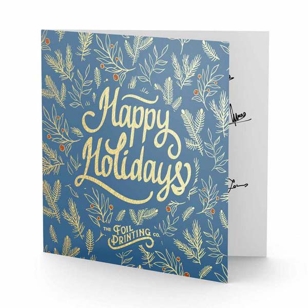 Happy holidays company greeting card with festive print and metallic gold text