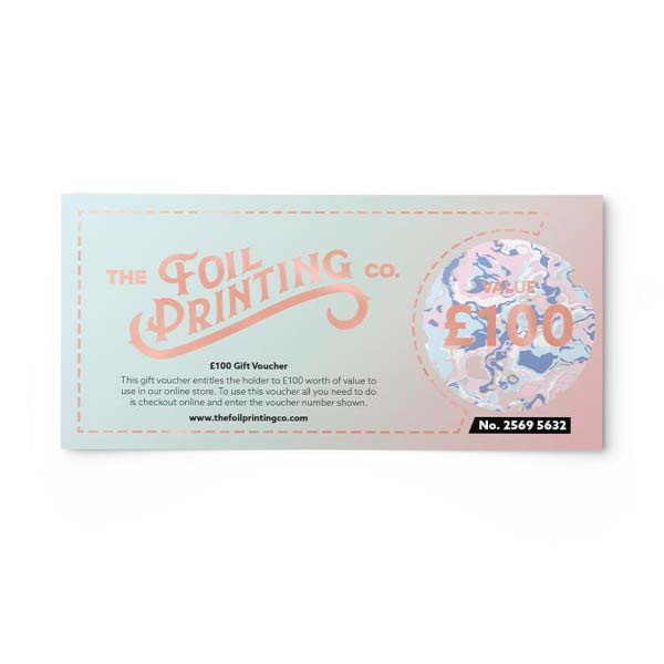 Embre pink and blue branded voucher with rose gold foil logo and text